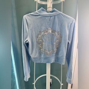 Juicy Couture Baby Blue Velour Cropped Zip Hoodie Y2K Rhinestone Logo